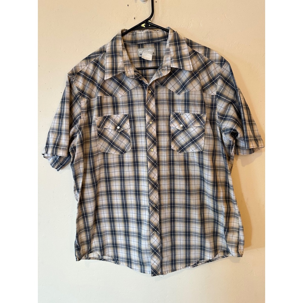 Wrangler Wrancher Mens XL Blue Tan Plaid Short Sleeve Western Pearl Snap Shirt